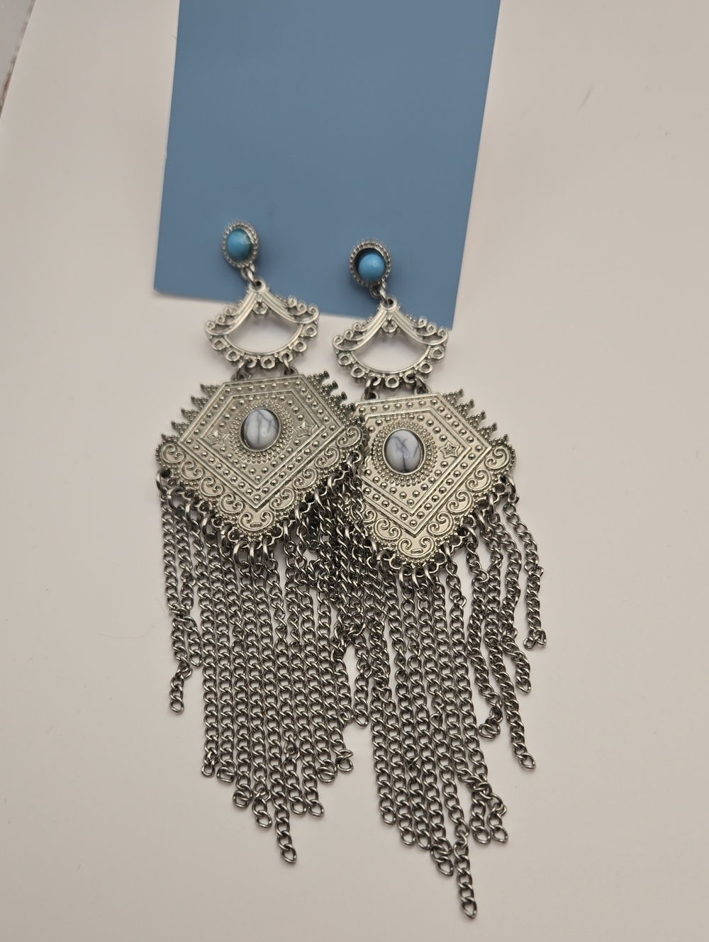 Vintage Silver Filigree Chandelier Earrings with Fuax Turquoise Studs - Picture 15 of 15
